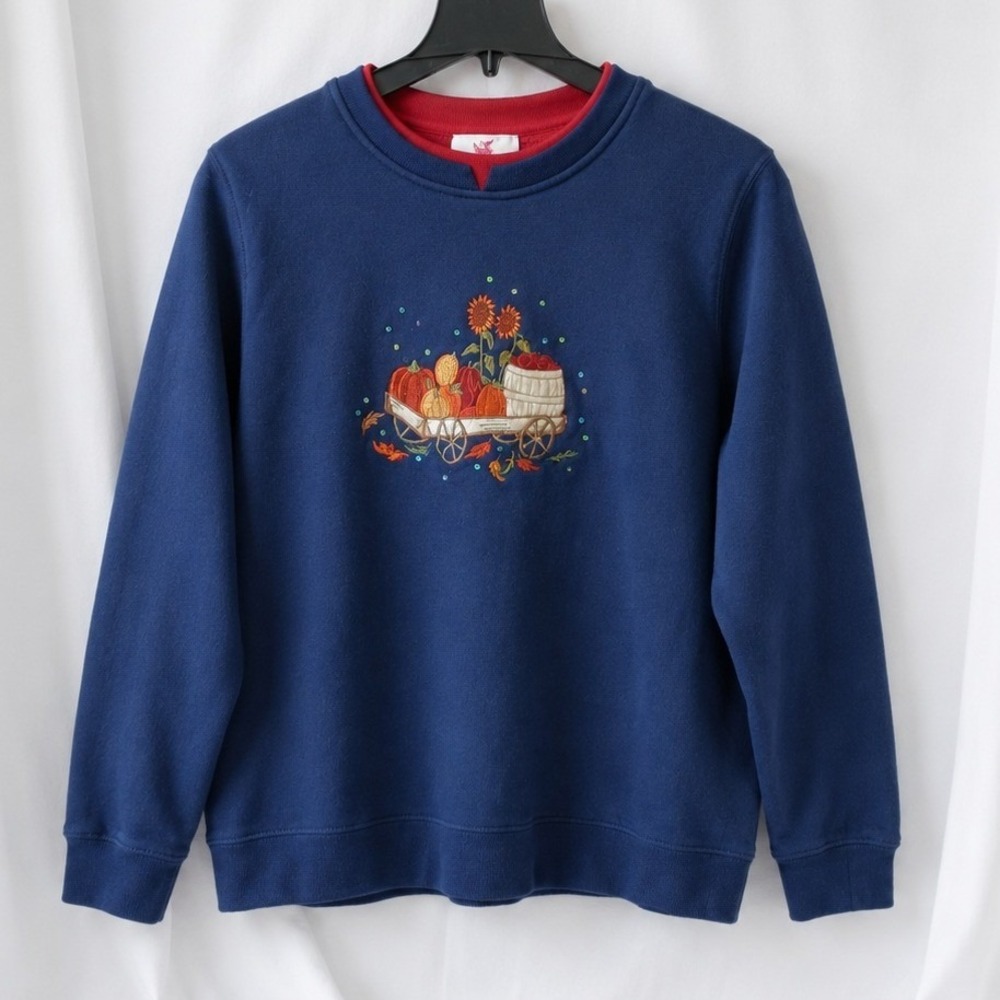Quacker Factory Womens 1X Sweatshirt Blue Pumpkin Wagon Embroidered Sequin Fall
